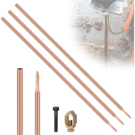 3 x Tige de Terre 1 m Tiges de Sol φ17,2 mm en Acier au Carbone, Revêtement en Cuivre Rouge de 0,2 mm Ground Rod avec Pince et Boulon d'Entraînement
