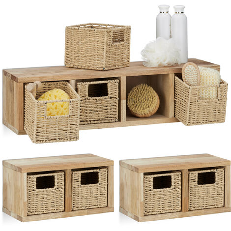 3 x Walnut Wall Shelf Set, 1 Large, 2 Small Cube Shelves, Shelving System for Bathroom, Kitchen, Living Room, Natural