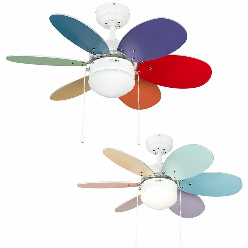 30 76cm White Metal Ceiling Fan 6 Multi Coloured Reversible Blades Frosted Glass Light Shade Remote Control