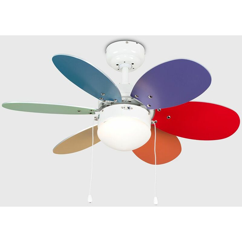 30 76cm White Metal Ceiling Fan 6 Multi Coloured Reversible Blades Frosted Glass Light Shade Remote Control