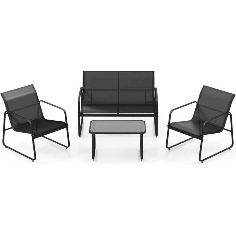 Goplus - Salon de Jardin 4 Personnes, 4 PcsEnsemble de Salon de Jardin avec Causeuse, Table Basse en Verre Trempé, Ensemble de Meubles d'Extérieur