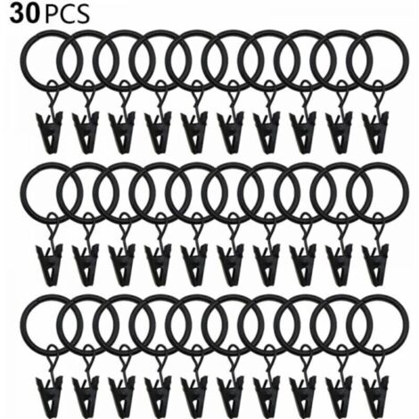 30 anelli per tende con clip, robuste clip per tende, ganci su staffa per asta a tensione, occhielli in metallo di diametro interno, appendini decorativi per tende, neri