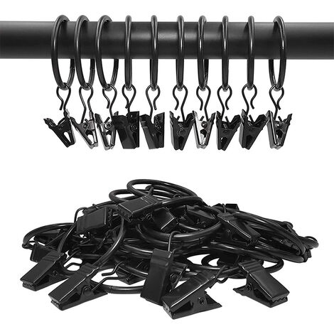 30 anneaux de rideau noirs avec clips, crochets sur le support de la tige de traction, clips de rideau solides, oeillets métalliques de diamètre intérieur