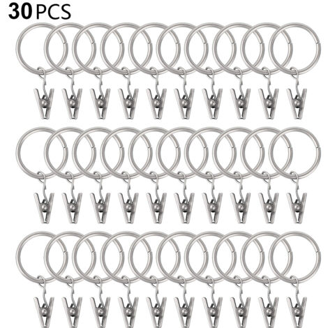 LONGZIMING 30 anneaux de rideau PCS avec pinces, pinces à draperie solides, crochets sur support de tige de tension, diamètre intérieur oeillets en métal rideaux décoratifs cintres de fenêtre, argent