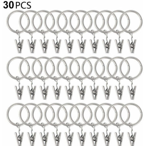 30 anneaux de rideau PCS avec pinces, pinces à draperie solides, crochets sur support de tige de tension, diamètre intérieur oeillets en métal rideaux décoratifs cintres de fenêtre, argent