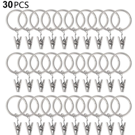 30 anneaux de rideau PCS avec pinces, pinces à draperie solides, crochets sur support de tige de tension, diamètre intérieur oeillets en métal rideaux décoratifs cintres de fenêtre, argent
