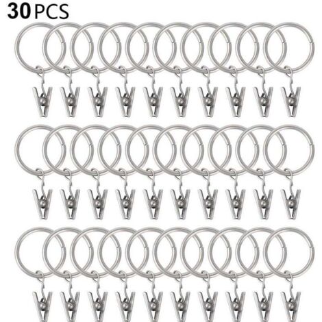 30 anneaux de rideau PCS avec pinces, pinces à draperie solides, crochets sur support de tige de tension, diamètre intérieur oeillets en métal rideaux décoratifs cintres de fenêtre, argent