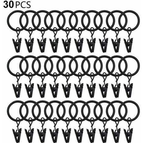 30 anneaux de rideaux PCS avec pinces, pinces à draperie solides, crochets sur support de tige de tension, diamètre intérieur oeillets en métal rideaux décoratifs cintres de fenêtre, noir