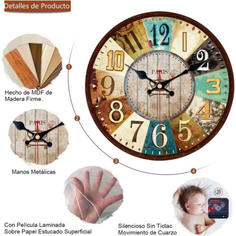 30 cm große Wanduhr aus Holz, Vintage-Wanduhr, geräuschlose Quarz-Küchenuhr, kein Ticken, dekorativ, farbenfroher französischer Vintage-Stil für Schlafzimmer, Wohnzimmer, Café, Bar