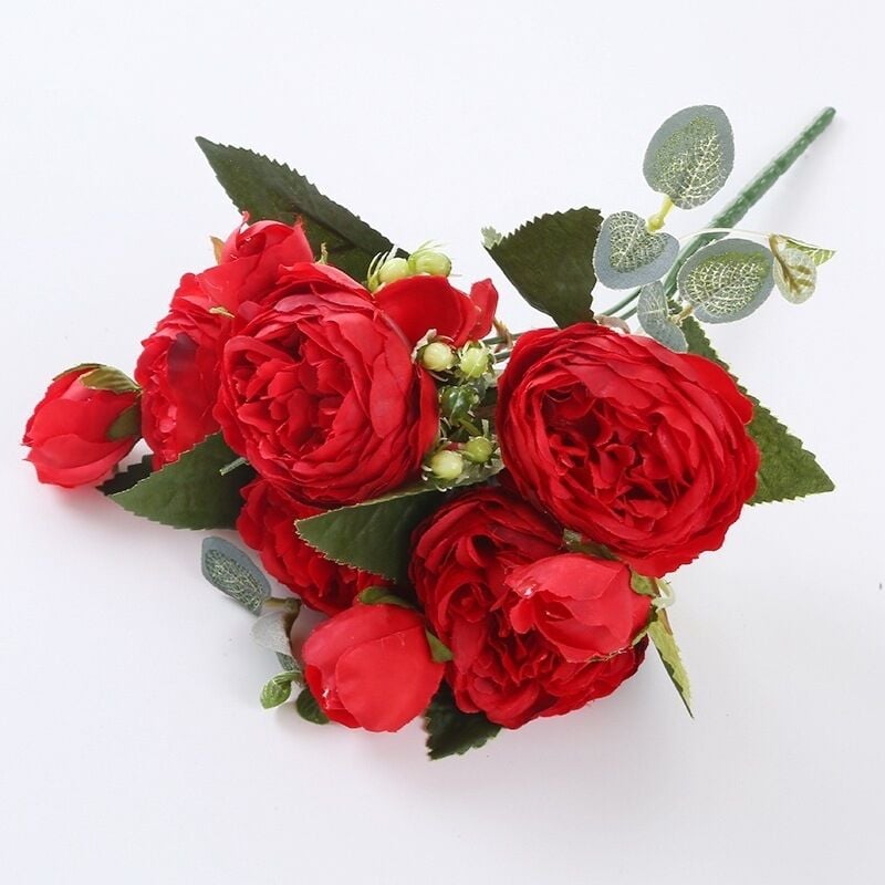 Fortuneville - 30 cm Rose Rose Soie Pivoine Fleurs Artificielles Bouquet 5 Grosse Tête et 4 Bourgeons Pas Cher Faux Fleurs pour La Maison De Mariage