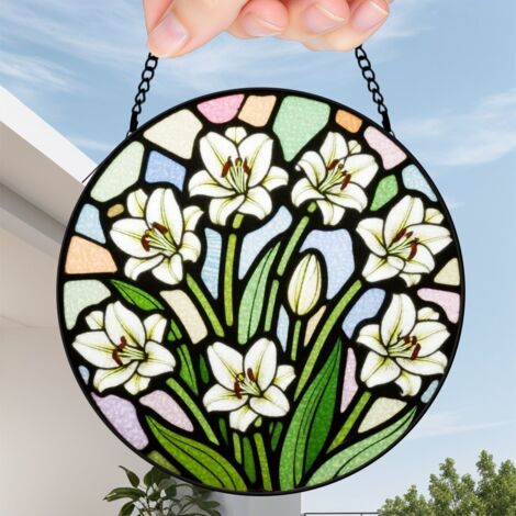 30 cmAttrape-soleil fleurs sauvages coucher de soleil en vitrail, décoration murale maison, cadeau femme
