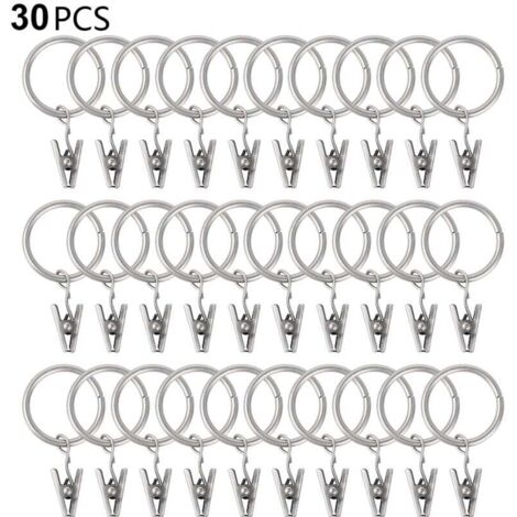 30 curtain rings with clips, heavy-duty curtain clips, hooks for extendable curtain rods, metal eyelets with inner diameter, decorative window curtain brackets, silver color
