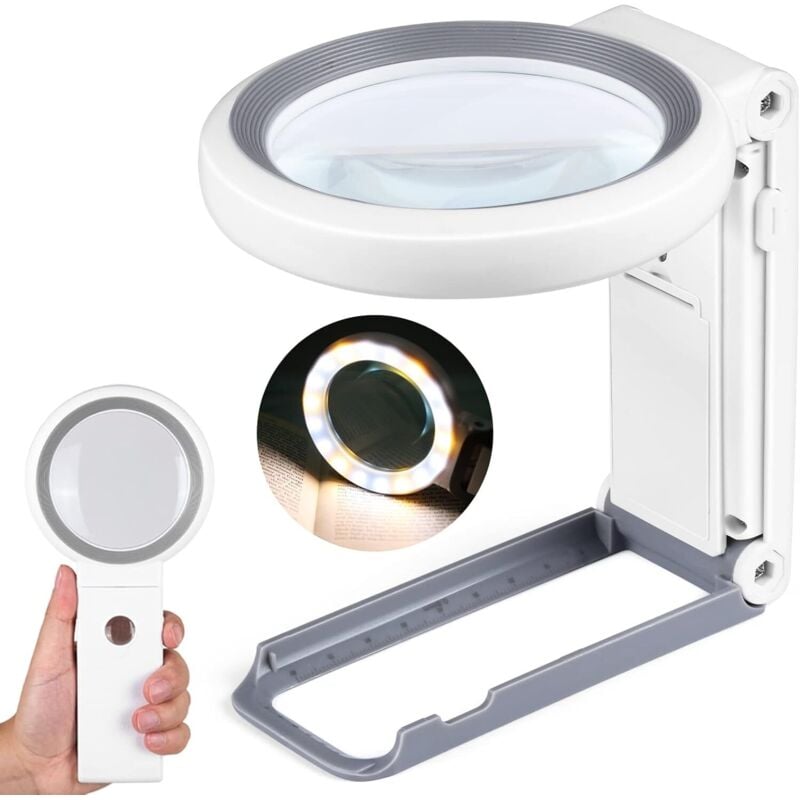 Image of 30-fache 10-fache Lupe mit Licht und Ständer, faltbare Handlupe, beleuchtete Lupe mit 18 LEDs