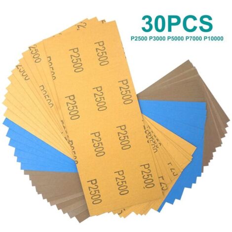 30 feuilles Papier de Verre papier abrasif grain 2500, 3000, 5000, 8000 10000 feuilles abrasives pour voiture, meubles en bois, pierre, métal, verre, 9,3 x 23 cm par feuille