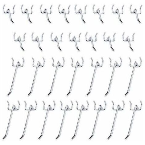 30 ganchos para tableros perforados, ganchos metálicos para tableros perforados, accesorios: juego de ganchos individuales de 10 cm y 5 cm para garajes, cobertizos de herramientas y talleres.