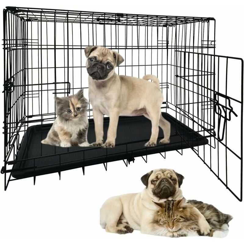 Briefness - 30 Inches Double Door Dog Crate Dog Crate, Folding Metal Wire Dog Kennel Pet Cage with Non-Chew Base Tray for Small/Medium/Large Dogs