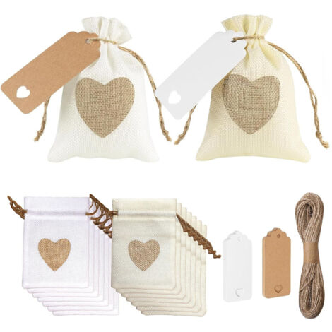 30 Jutesäckchen mit Herzmotiv, Leinenbeutel 10 x 15 cm, 30 Anhänger + 10 m Doppelkordel, kleiner Schmuckbeutel mit Kordelzug für Hochzeit, Weihnachten, Party, Weihnachten, Adventskalender (Beige, Weiß