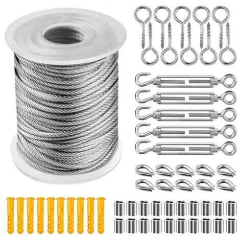 (30 m) Edelstahl-Aufhängeseil-Set, nylonummanteltes Edelstahlseil, PVC-Stahlseilspanner, für Zeltseile, Wäscheleinen, Außenleuchter, Garten