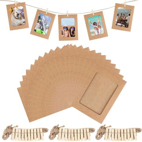 30 marcos de fotos de papel kraft, marcos de fotos de cartón de 15,2 x 11,5 cm para manualidades, guirnalda de fotos con pinzas de madera y cuerda de cáñamo para decoración de paredes y habitaciones.