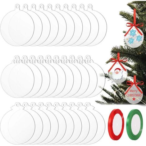 30 palline di Natale rotonde in acrilico trasparente con nastro, palline piatte per lavoretti, dischi di Natale in acrilico trasparente per decorazioni per alberi di Natale (7,5 cm)