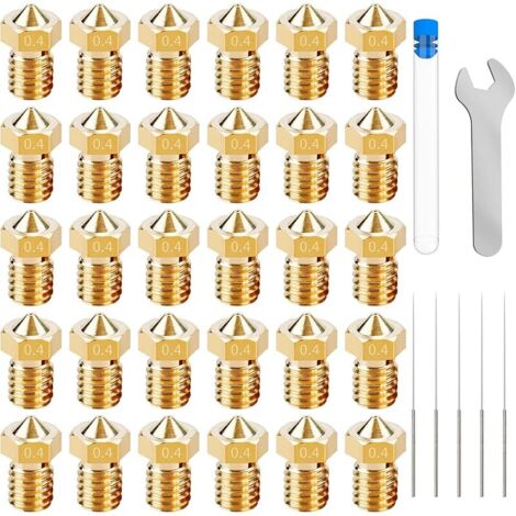 30 PCS Buse imprimante 3D,Buses D'extrudeuse,Pour L'imprimante 3D De Filament De 1.75mm E3D V5-V6,En Laiton 0.4mm Extrudeuse Nozzle D'imprimante 3D,Acier Inoxydable Aiguilles Buse De Nettoyage