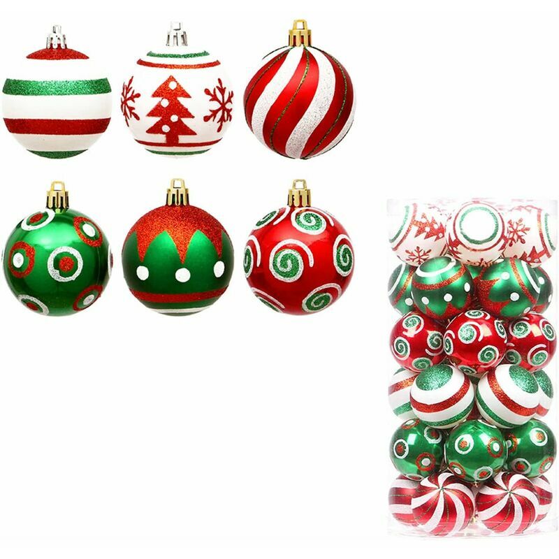 30 Pcs Christmas Balls Christmas Tree Ornaments Red Green White Painted Christmas Tree Decorations Glitter Balls 2.36 Inch Shatterproof Hanging Ball
