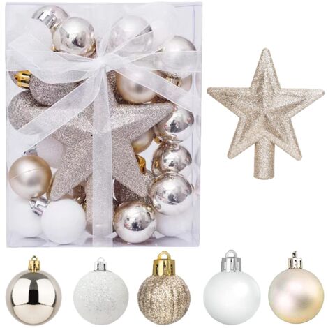 30 Pcs Mini Christmas Balls with Hanger, 3CM Small Gold and White Christmas Balls Mini Christmas Tree Tabletop Baubles Christmas Tree Decorations Set