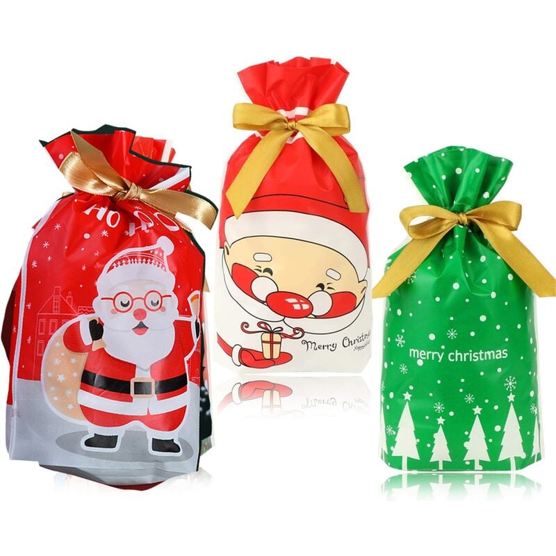 30 pièces Sac à cordon de fête de Noël, sac cadeau en plastique pour bonbons de Noël pour collation biscuits collation boîte à bonbons de Noël(A)