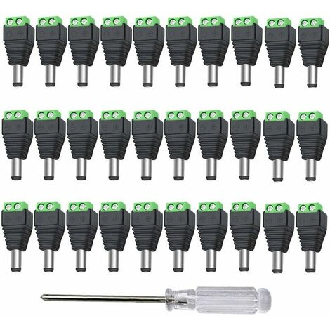30 Pieces 12V/24V DC Male Plug Connectors, 5.5 x 2.1 mm DC Power Adapter Screw Terminal Connector, for CCTV Camera LED Strip (Green)