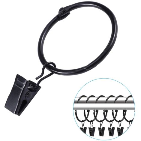 30 Pièces Anneau de Rideau avec Clips, Anneaux de Rideau en Métal Anneaux de Suspension avec Clips pour Rideaux et Tringles, Facile Ouvert et Fermer, 38mm Diamètre Intérieur(Noir)