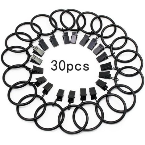30 Pièces Anneaux de Rideaux, avec Métal Pince, Robuste, Antirouille, pour Tringle à Rideaux, 32mm Diamètre Intérieur (Noir)
