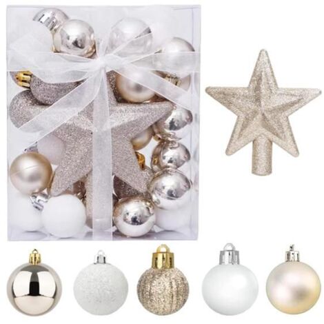 30 pièces de mini boules de Noël avec cintres, 3 cm, petites boules dorées et blanches, décorations pour mini sapin de table.