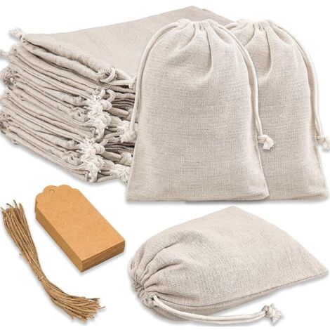 30 pièces de petits sacs en coton avec cordon de serrage et 30 étiquettes cadeaux 13x18 cm - Sacs en tissu non imprimés à remplir pour bijoux, mariage, fête, bricolage, Noël
