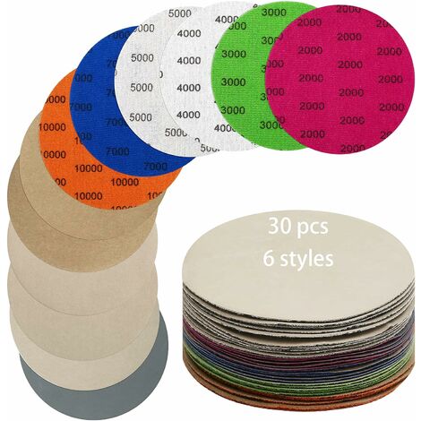 30 PièCes Papier De Verre，Disque De PonçAge 125 Mm Grain 2000/3000/4000/5000/7000/10000 Papier à Poncer Sec/Humide Utilisé Pour Polir MéTal Bois Voiture Polissage Poncer DéRouiller Eponge abrasive et