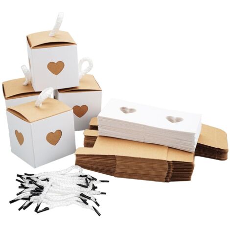 30 Pièces Petite Boite Cadeau Blanche et Marron avec Coeurs, 5.5x5.5x5.5 cm Mini Coeur Kraft Emballage Cadeau, Mini Coeur Boite Kraft Boite, pour Mariages, Anniversaire, Fête