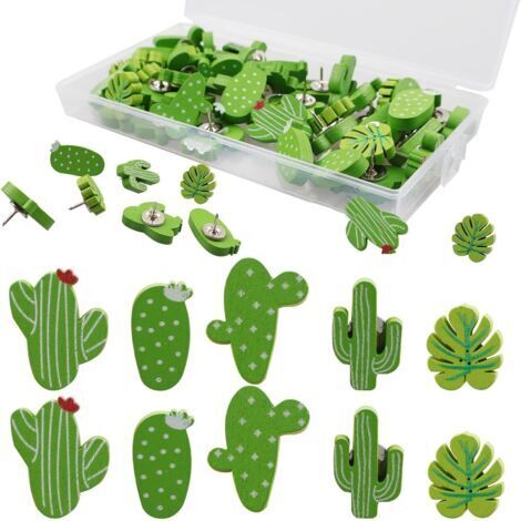 30 Pièces Punaises Cactus en Bois, Lot de Punaises Murale Tableau Liège, Punaise Décoratives Forme Cactus, Thumbtacks Mignons pour Tableau À Épingler, Bureau, Organisation et Décoration
