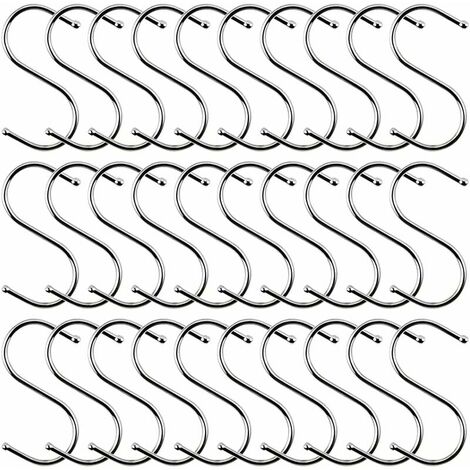 30 Pieces S-Shaped Coat Hooks, 7cm Stainless Steel Kitchen Hooks S-Shaped Coat Hooks Rustproof Metal Coat Hooks Metal Hooks for Kitchen, Bathroom, Bedroom and Office, Silver