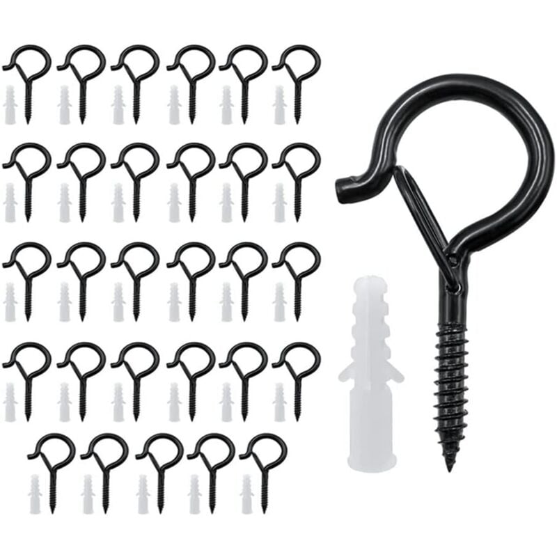 Tanabata - 30 Pieces Screw Hooks (Black), Outdoor Screw Hooks, Ceiling Hooks, Christmas Lights Hook, for Hanging Potted Plants, Christmas