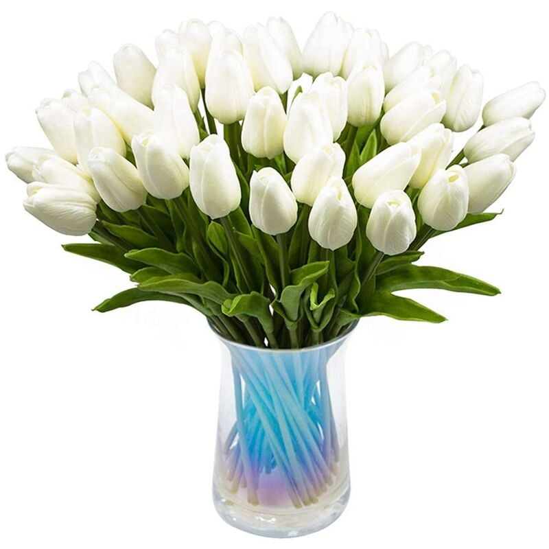 30 PièCes SéRies Artificielle Fleurs Real Touch Faux Hollande pu Tulipe Bouquet Latex Fleur Tulipe Blanche (Blanc)