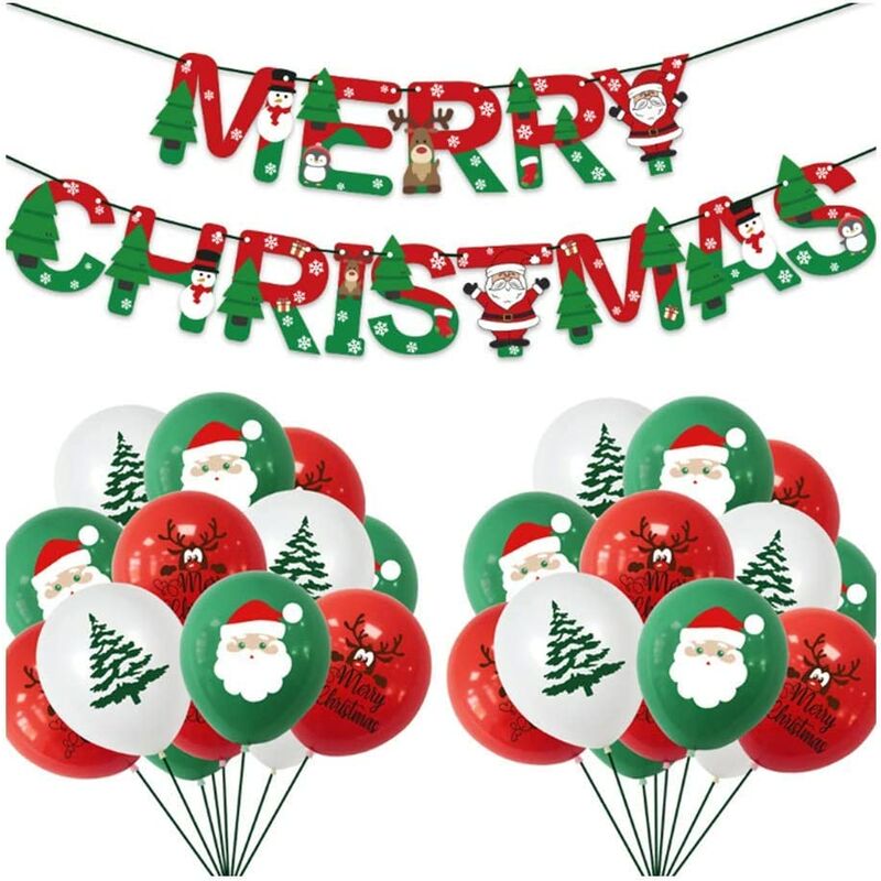 

30 piezas de decoración de fiesta de Navidad con globos de látex, 1 pancarta de Feliz Navidad, globo de Papá Noel, juego de decoración navideña
