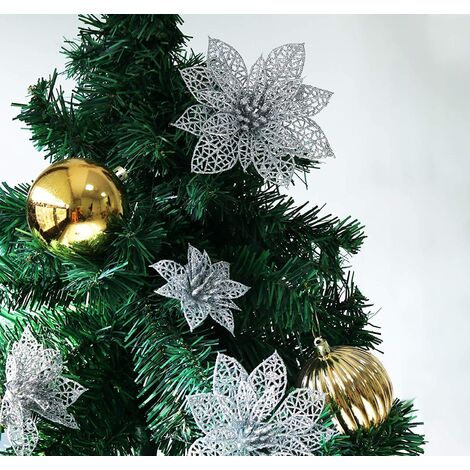 30 piezas de flor de simulación de Navidad, 3 tamaños de flores artificiales de Navidad, adornos navideños de brillo de Poinsettia para fiesta, boda, decoración del árbol de Navidad (plata)