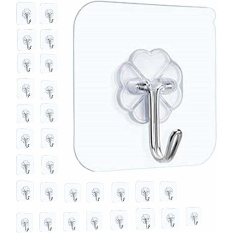 30 Piezas Ganchos Adhesivos Transparentes, Gancho Adhesivo de Plástico Impermeable Autoadhesivo, Gancho de Pared Autoadhesivo Toallero de Baño Impermeable, 10 kg Máx.