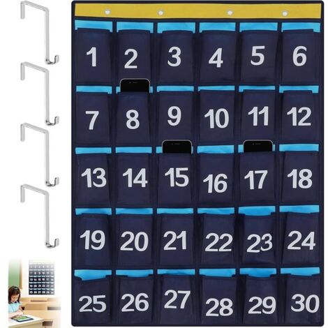30 Poches Pochette Numérotée, Porte Salle Classe avec 4 Crochets, Organisateur Suspendre, Sac Rangement Murale, Support Téléphone Portable, Organiseur Suspendu Numérique Tableau (Bleu Marine)