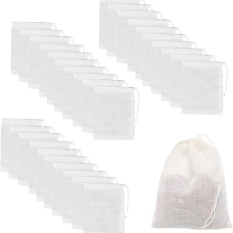 30 sachets filtrants réutilisables en mousseline de coton 100%, 6x8 cm, pour infusions, cuisine, épices et café