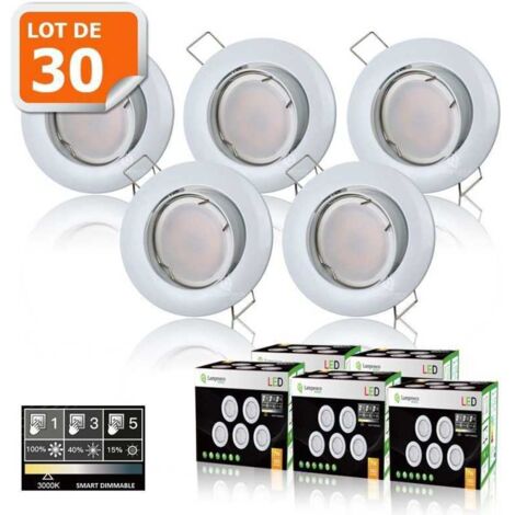 30 Spots led 3-step dimmable sans variateur 7w eq.56w blanc chaud orientable finition blanc