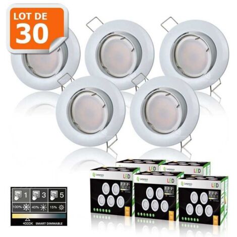 30 Spots led 3-step dimmable sans variateur 7w eq.56w blanc neutre orientable finition blanc