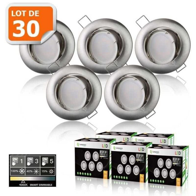 30 Spots led 3-step dimmable sans variateur 7w eq.56w blanc neutre orientable finition alu brossé