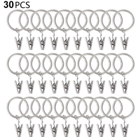 30 Stück Gardinenringe mit Clips, stabile Gardinenclips, Haken für Spannstangenhalterung, Metallösen mit Innendurchmesser, dekorative Gardinenaufhänger, silberfarben