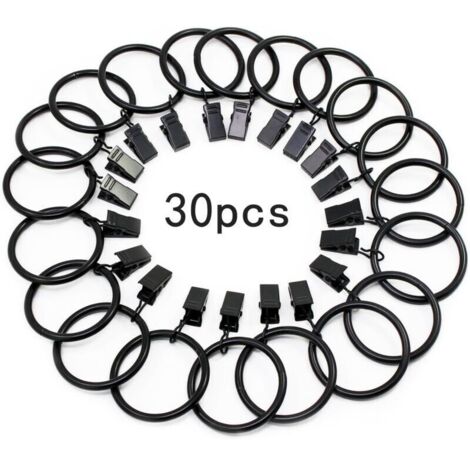 30 Stück Gardinenringe, mit Metallclip, robust, rostfrei, für Gardinenstange, 32 mm Innendurchmesser (schwarz)