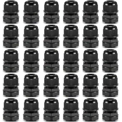 30 Stück Premium-Kabelverschraubungen aus Nylon PG11, 5–10 mm, verstellbar, IP68, wasserdicht, mit Dichtungsringen, wasserdichter Kabelverschraubungsanschluss (schwarz)